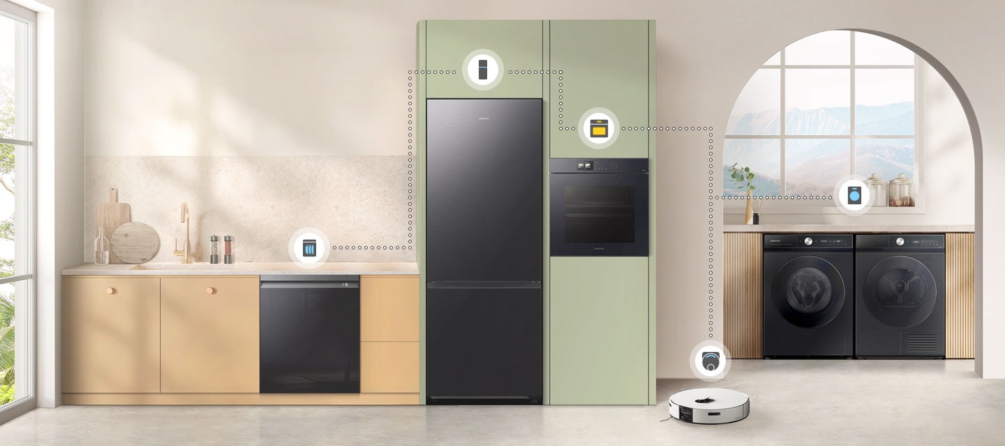 Wohnsituation mit virtuellen Verbindungslinien zwischen Spülmaschine, Kühlschrank, Backofen, Saugroboter und Waschmaschine/Trockner